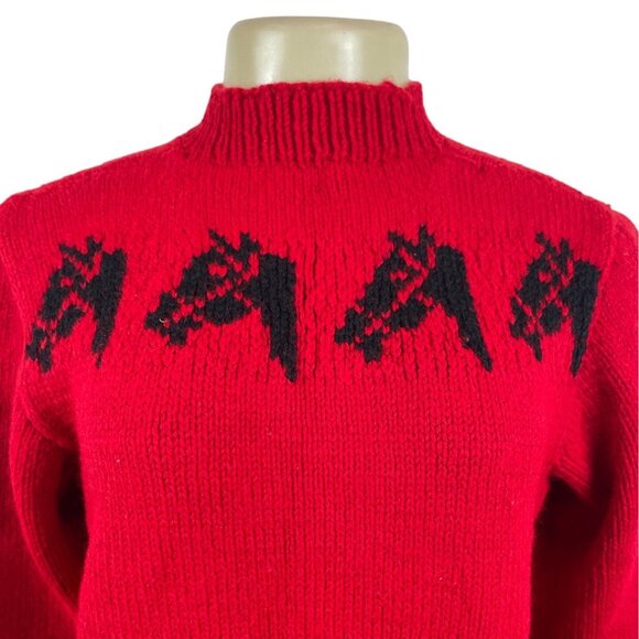 Handmade Knitted Red Sz M/L Sweater With Black Horse Design Long Sleeve Crew Nec - Picture 4 of 5